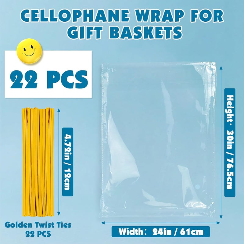 NUITPY 22 Pcs Cellophane Bags, 24 x 30 Inchs Cellophane Wrap for Gift Baskets, Durable Cellophane Gift Bag, Clear Basket Bag - Complimentary 22 Pcs Golden Twist Ties - Image 2